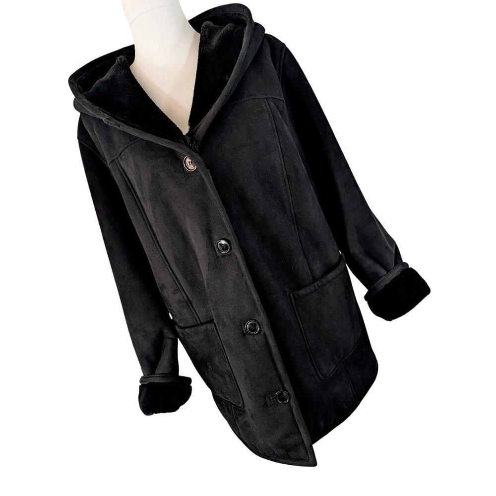 TALBOTS PETITES! RICH BLACK FAUX SUEDE PLUSH TRIM & LINING, HOODIE COAT! SZ LP